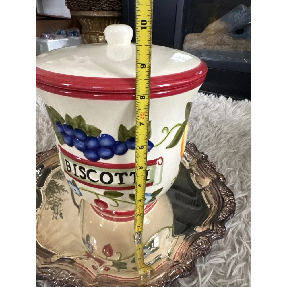 Italian Ceramic Biscotti Cookie‎ Jar Vintage Fruit Design Red Lid